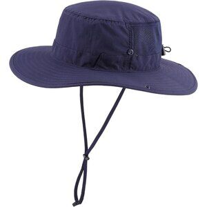 Unisex Navy Blue 100% Nylon Wide Brim Boonie With Chin Strap Classic Bucket Hat